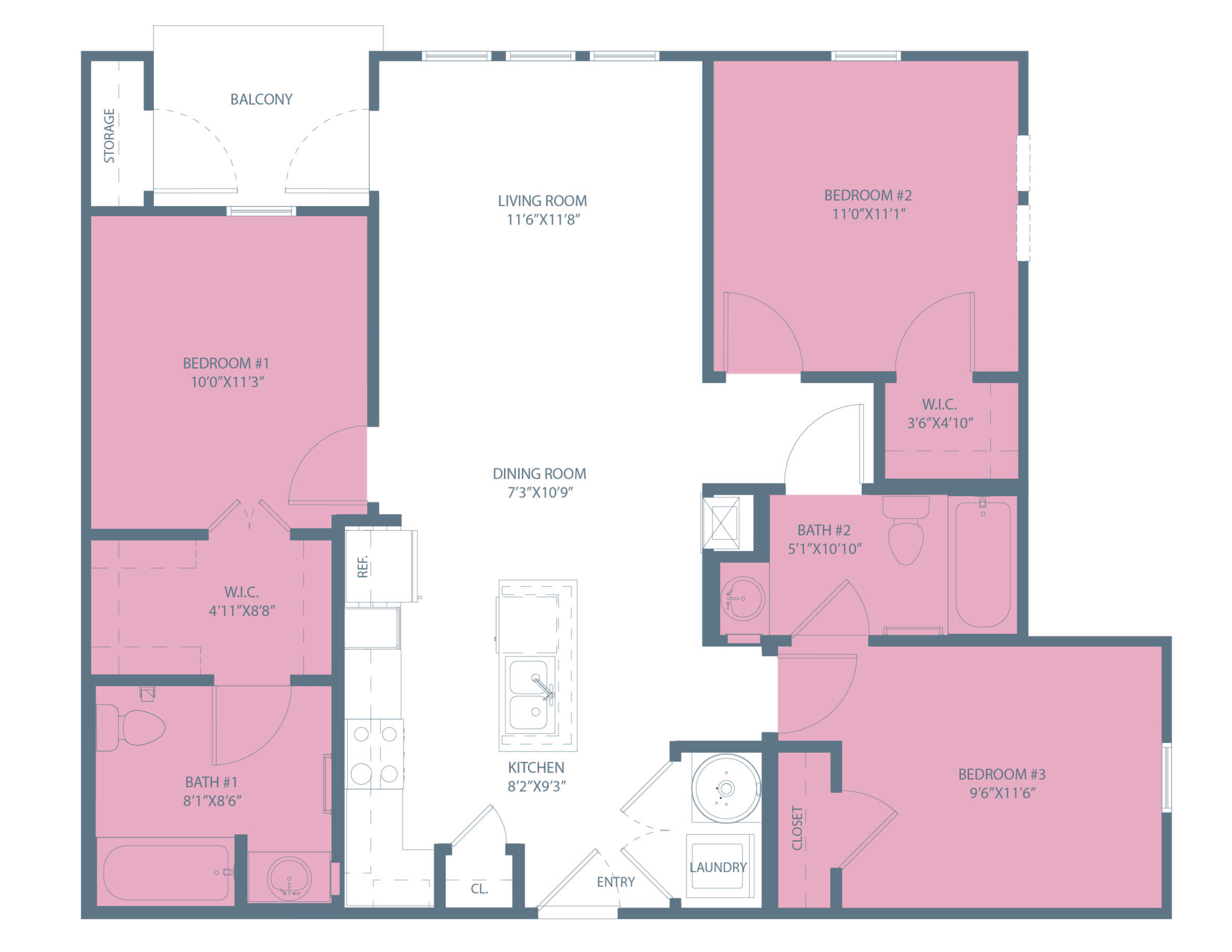 Floor plan for 3 beds, 2 baths, 995 sqft